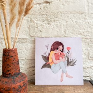 Vierkante kaart “Meisje met rode kater”