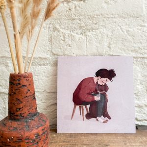 Vierkante kaart “Meisje met hond en koffie”